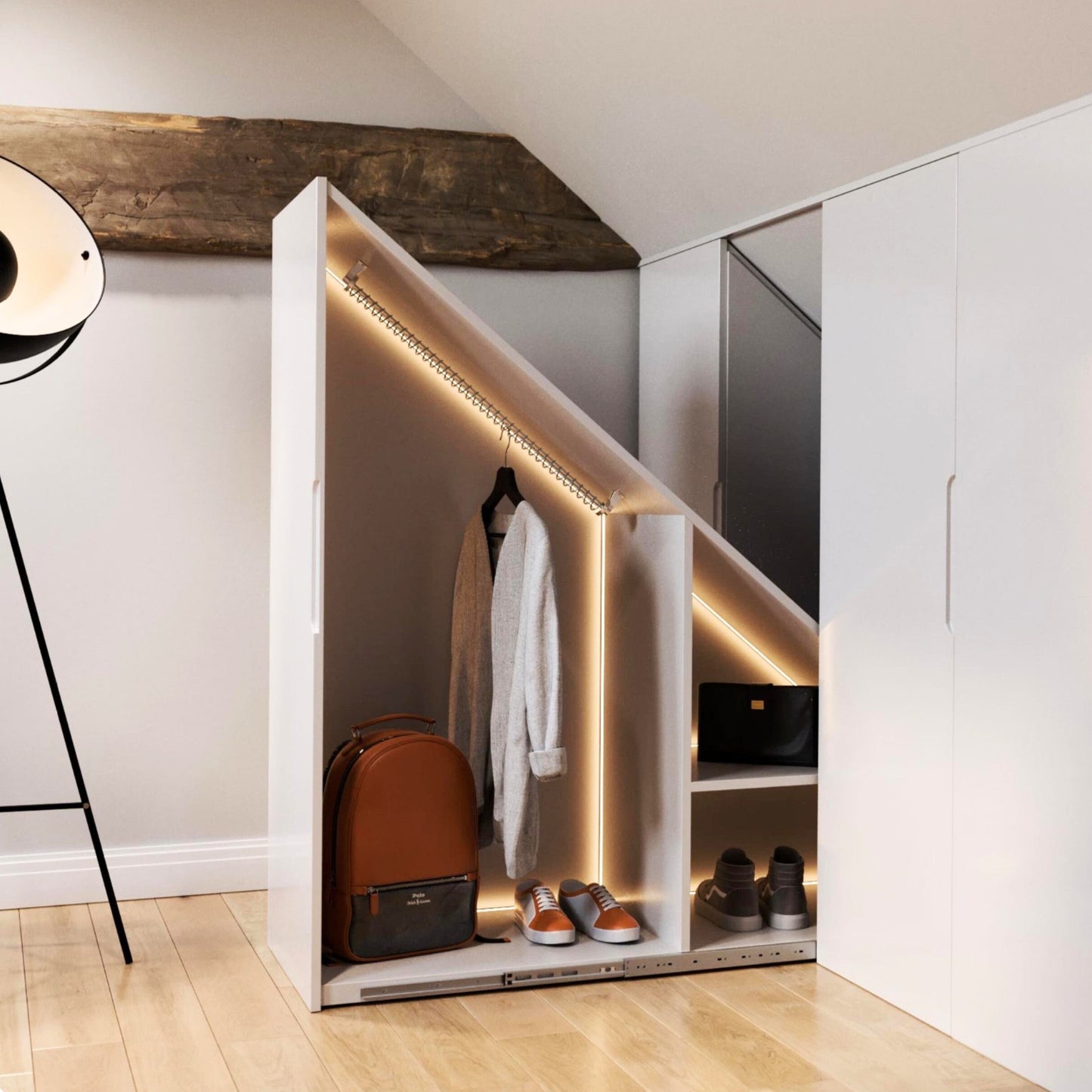 Zebedee Original Any Angle Hanging Rail mounted into a sloped ceiling wardrobe under eaves, pull out pod