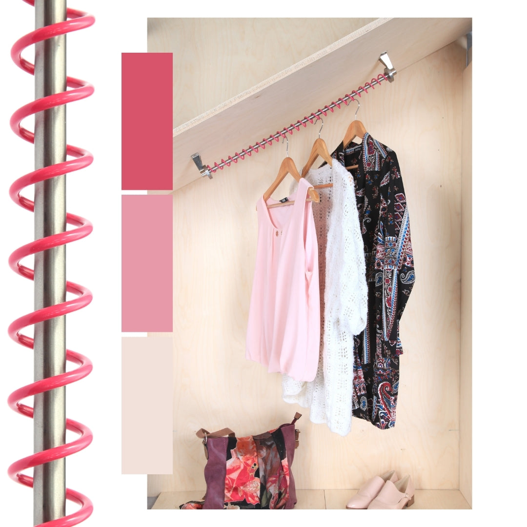 Pink Zebedee hanging rail spiral design, with colour swatches, clothes on hangers, bag and shoes