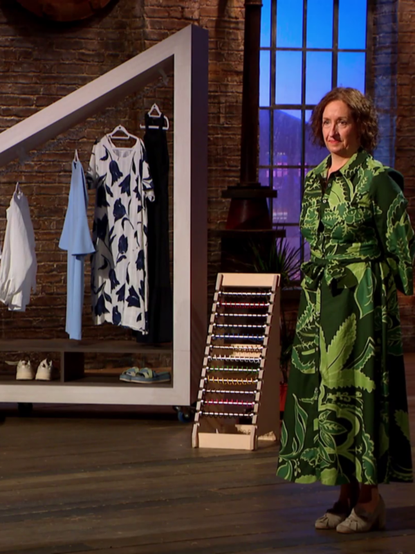 Business owner showing off the product on television show, Dragon's Den