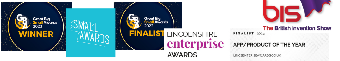 A collage of various awards show logos: Great Big Small Awards 2023- Finalist and Winner, Small Awards, Lincolnshire Enterprise Product of the Year - Finalist and the British Invention Show.