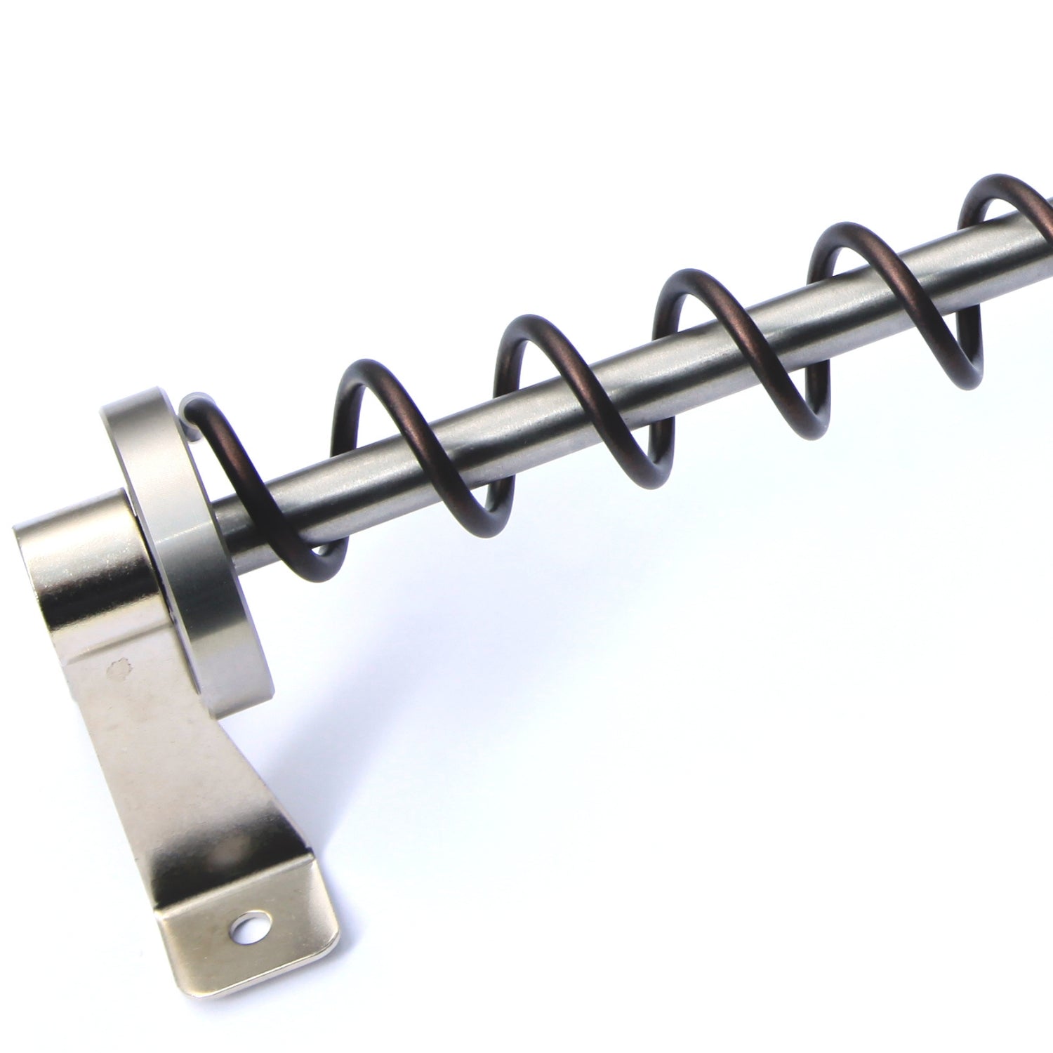 Close up product image of Zebedee Black Copper sloping wardrobe rail complete with bracket on a white background.