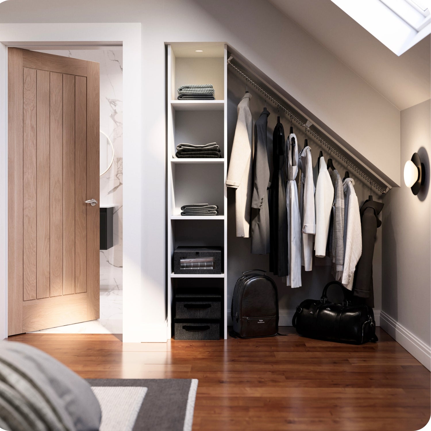 Modern open attic room closet area with sloped wardrobe rails, shelves, clothes, and bags in a well-lit loft bedroom.