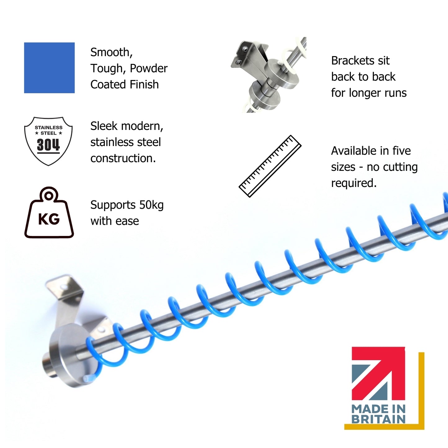 Stainless steel Zebedee blue hanging rail for slanted ceilings wardrobes with features highlighted on a white background
