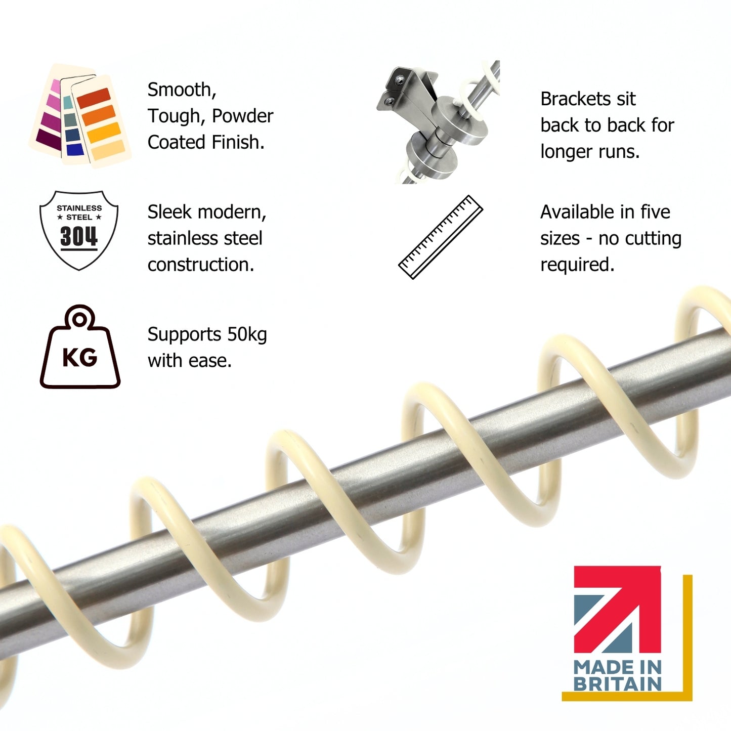 Zebedee Clothes rail featuring its signature spiral design and specifications on a white background