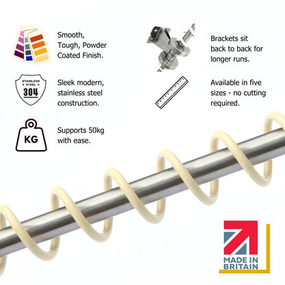 Zebedee Clothes rail featuring its signature spiral design and specifications on a white background