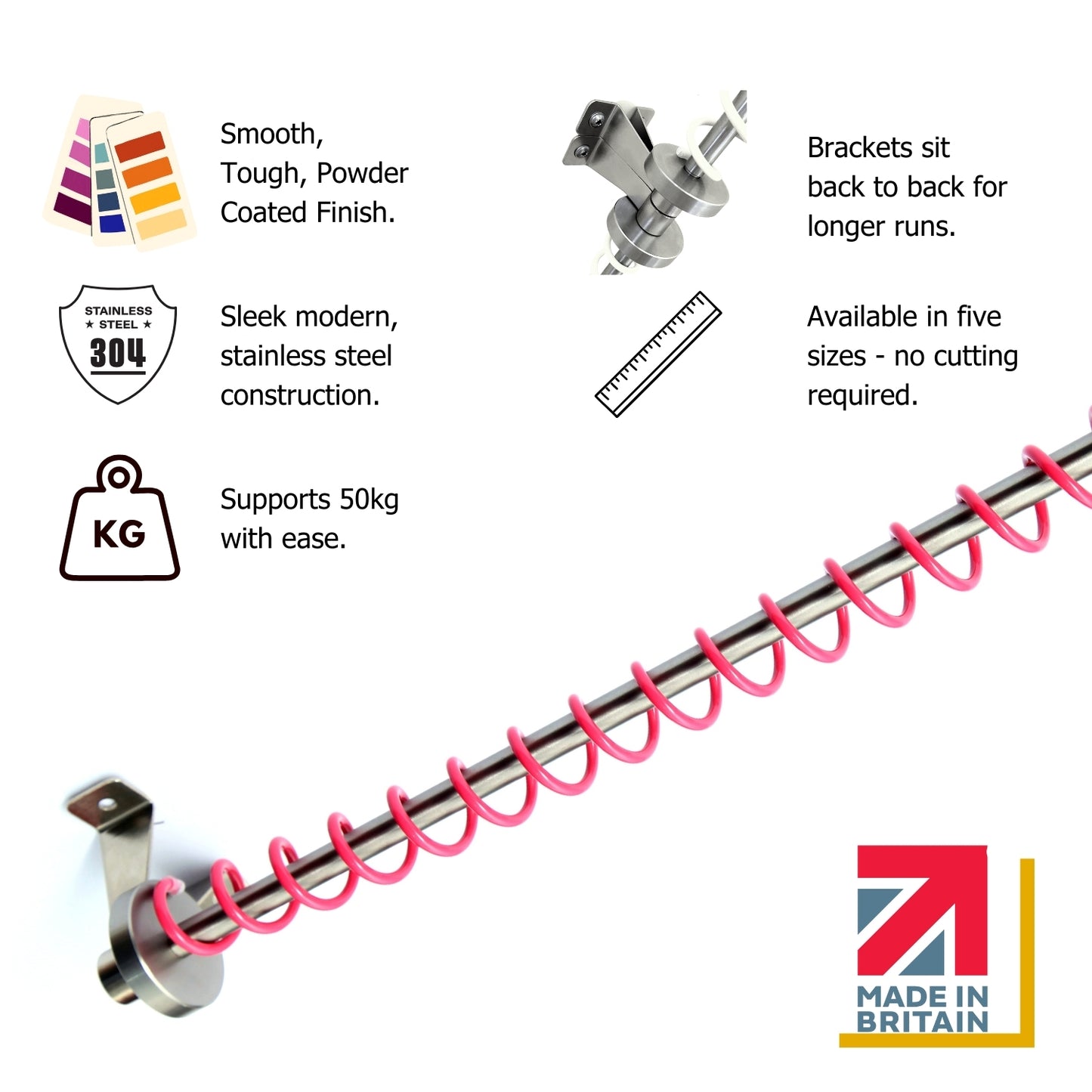 Close up of Pink Zebedee hanging rail with innovative coil, bracket and featuring product details on a white background.