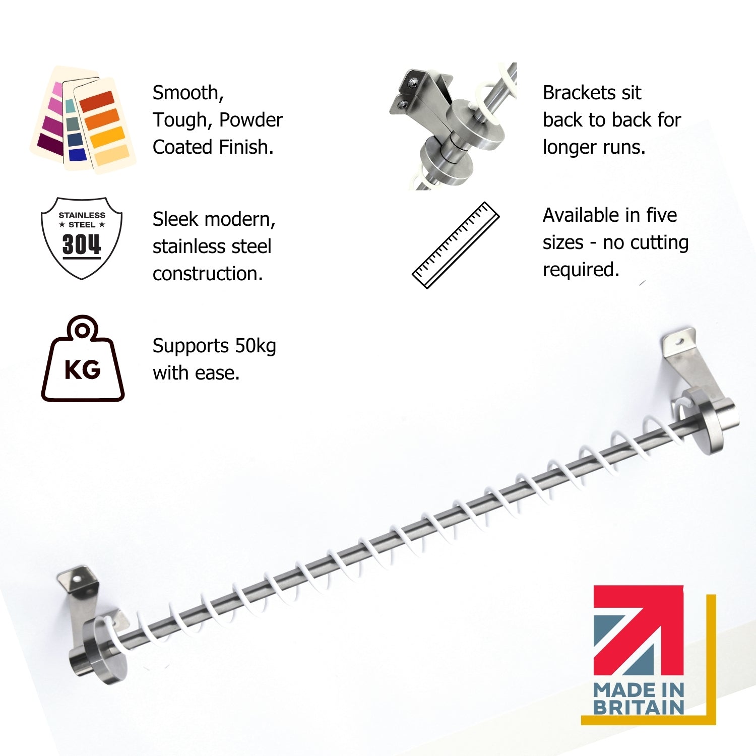 Zebedee White eaves wardrobe rail  on a white back ground featuring benefits.