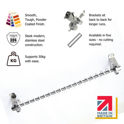 Zebedee White eaves wardrobe rail  on a white back ground featuring benefits.