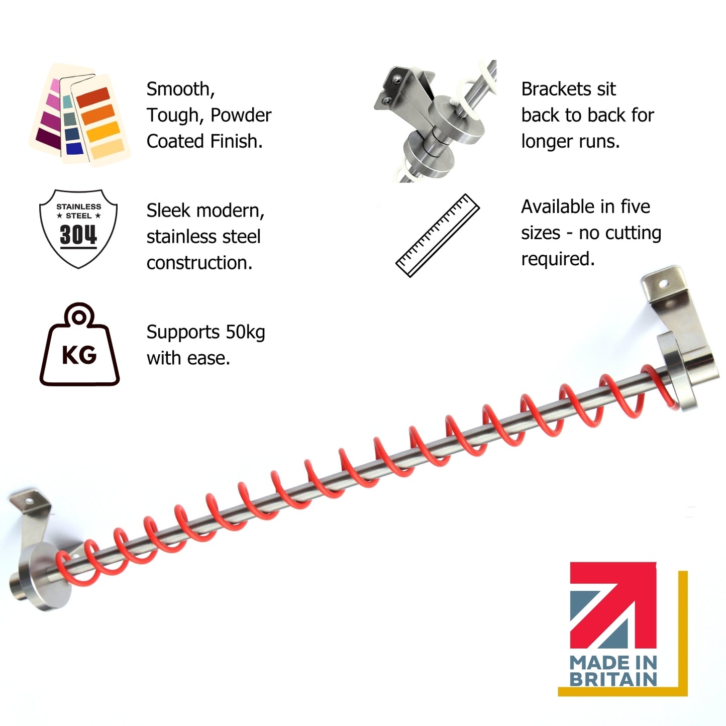 Product shot of Zebedee Red Any Angle Under stairs Clothes rail with features highlighted on a white background
