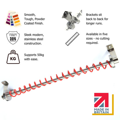 Product shot of Zebedee Red Any Angle Under stairs Clothes rail with features highlighted on a white background