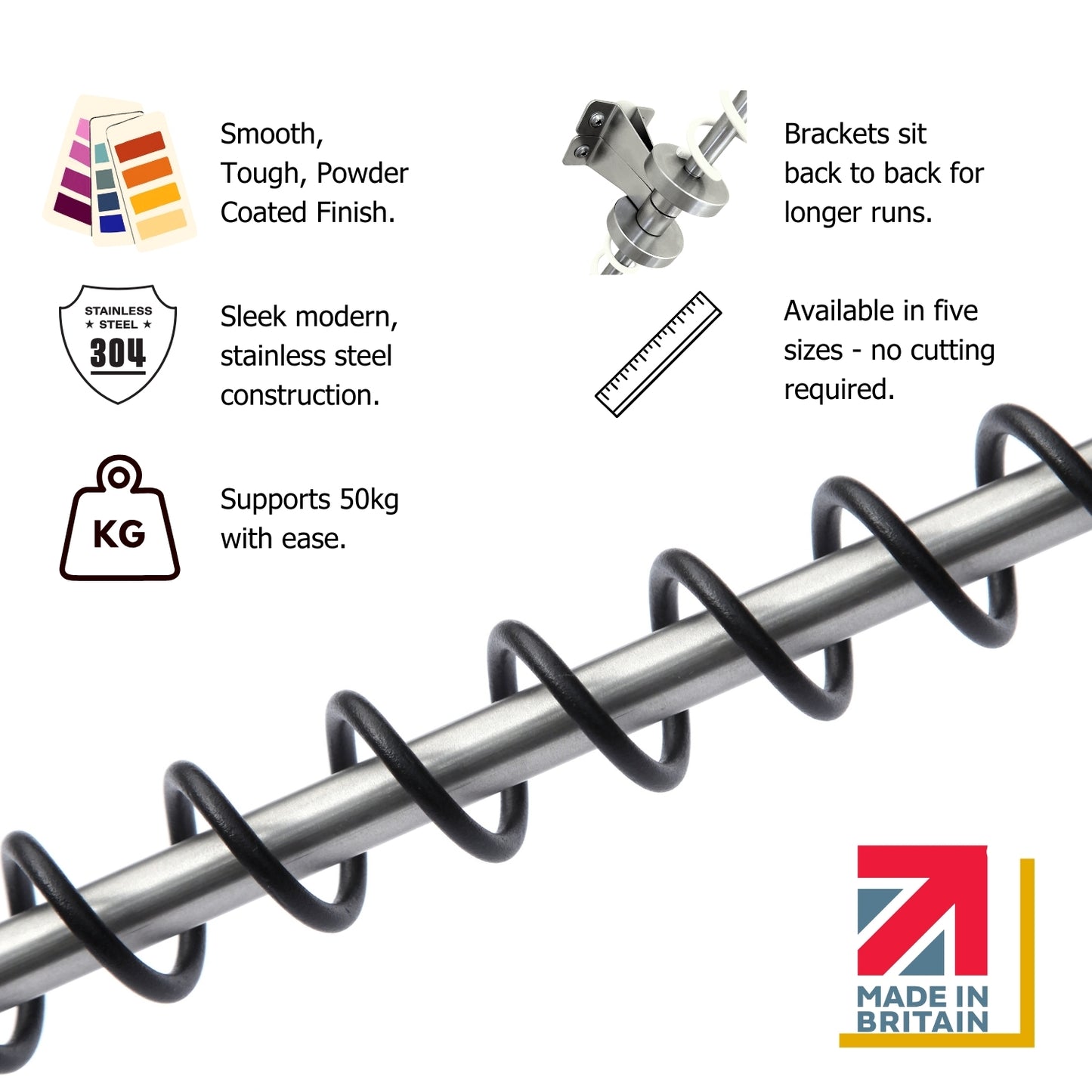 Close up Zebedee Carbon Black sloping clothes rail with spiral design, featuring text and graphics about its features and specifications.