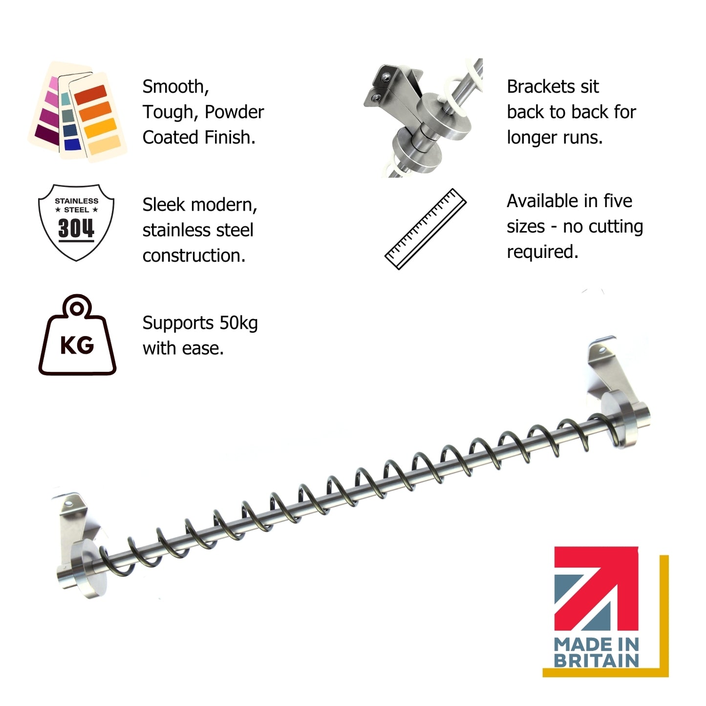 Stainless steel Zebedee Any Angle hanging rail with features listed on a white background