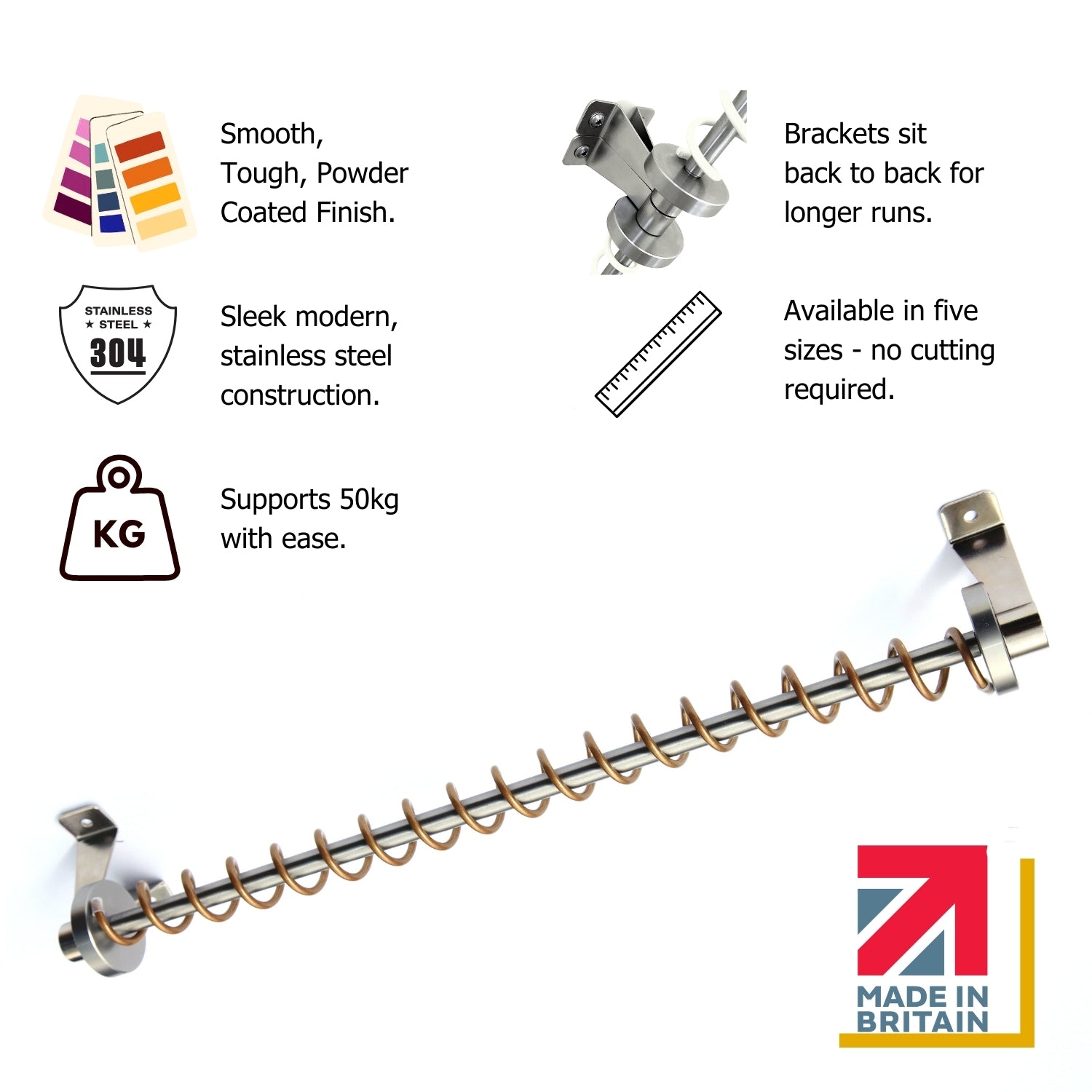 Zebedee Rolled Gold Stainless Steel  rod with brackets, features listed on a white background