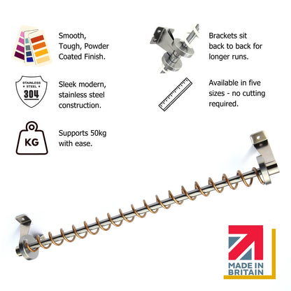Zebedee Rolled Gold Stainless Steel  rod with brackets, features listed on a white background