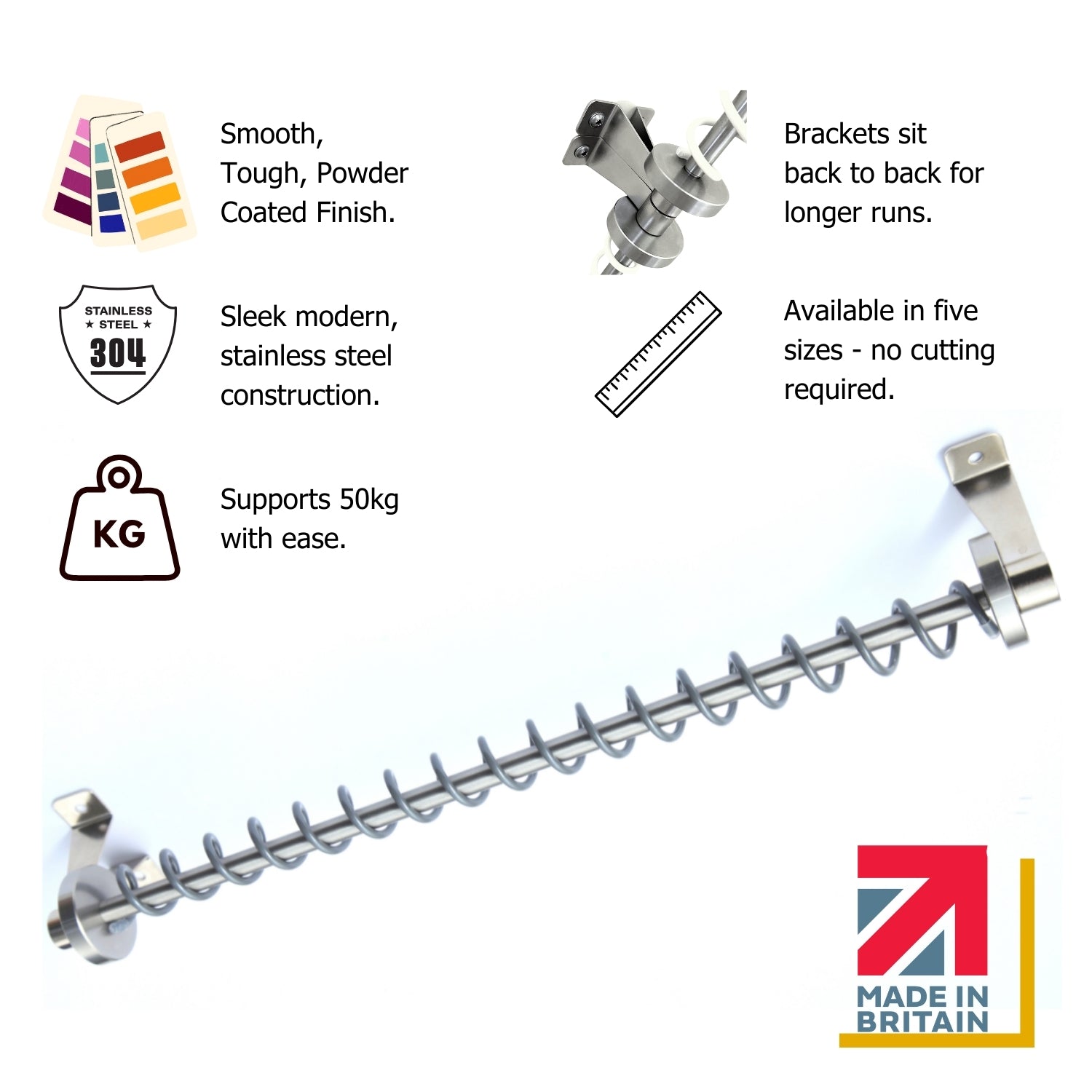 Stainless Steel Zebedee Hanging rail with powder coated signature coil with features listed on a white background