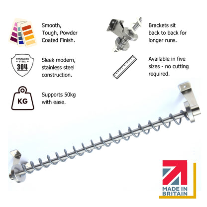 Stainless Steel Zebedee Hanging rail with powder coated signature coil with features listed on a white background